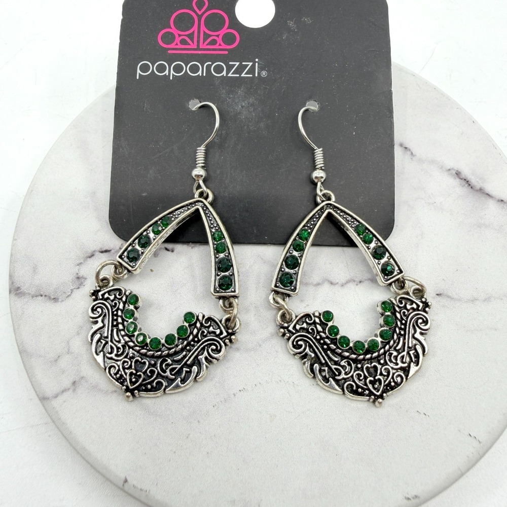 Paparazzi Silver Tone Green Rhinestone Teardrop Filigree Dangle Earrings Boho